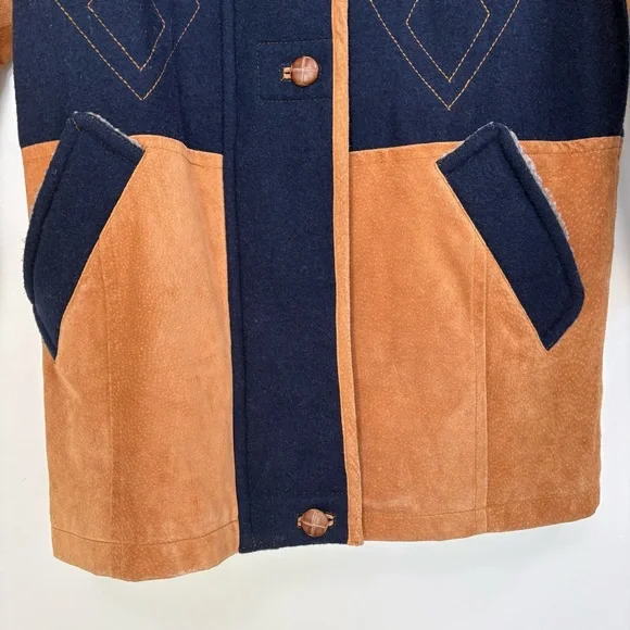 VTG Novelti 100% Leather Wool Tan Blue Insulated Ranch Jacket. Women Sz M - Picture 3 of 16